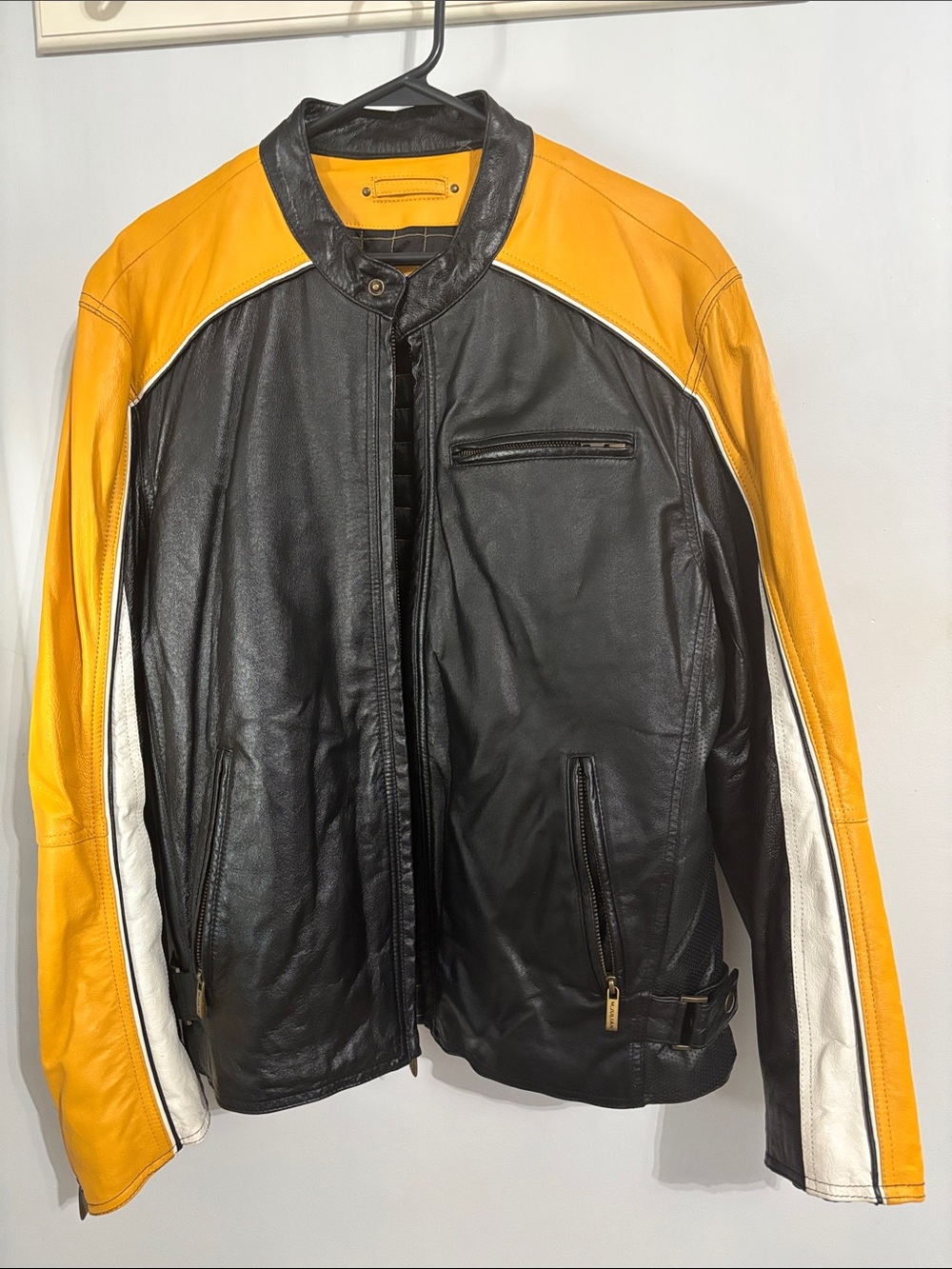 Jones New York Black Leather Bomber with Yellow and White Accents